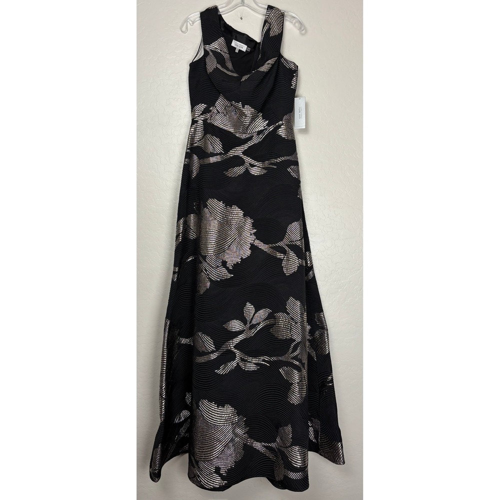 NEW Rickie Freeman Teri Jon Black Gold Floral Jacquard Gown Dress Size 12 2313